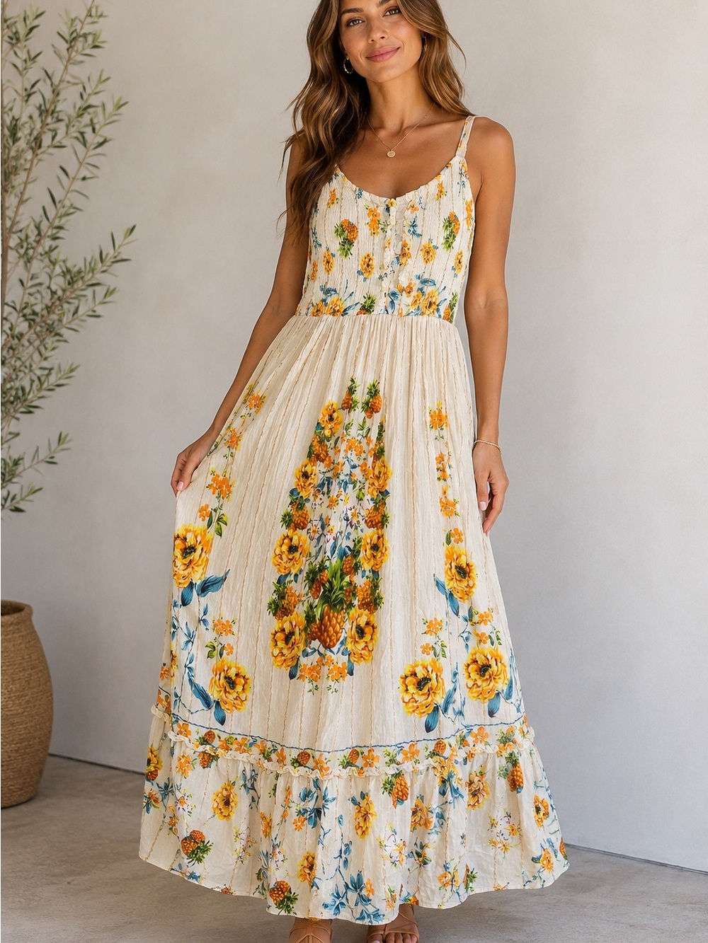 Me 2 Magic Floral Pineapple Maxi Dress L Boho Metallic Stripe Anthropologie